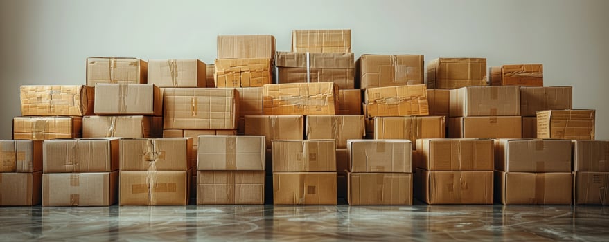 Many cardboard boxes stacked in a warehouse. photo
