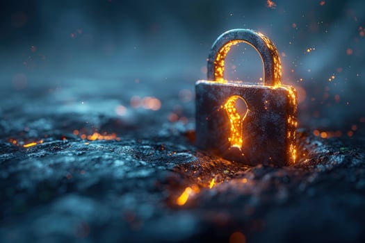Glowing metal padlock on a dark background. photo