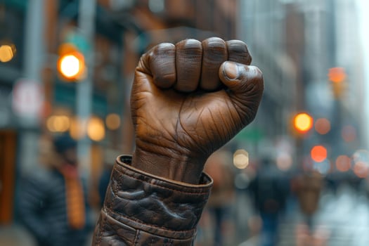 A raised fist in the air, a symbol of strength and unity, with a blurred city backdrop. photo