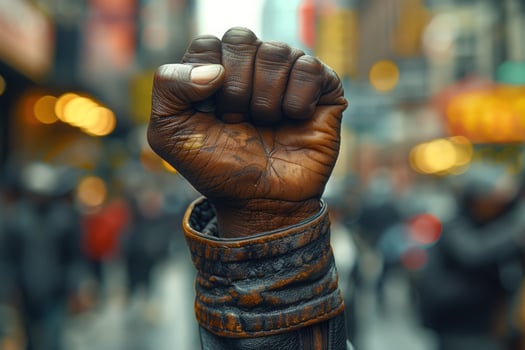 A raised fist in the air, a symbol of strength and protest. photo