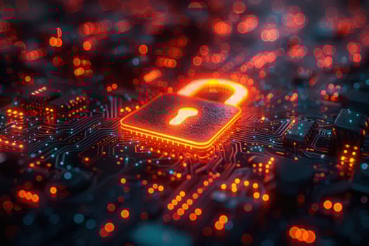 A glowing padlock sits on a circuit board, representing digital security. photo