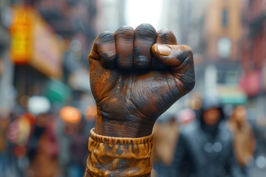 A raised fist in a crowd of blurred people. photo