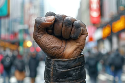 A raised fist against a blurred background of a city crowd. photo