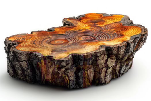A closeup of a rustic wooden tree slice with visible grain and bark. photo