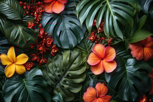 Closeup of vibrant tropical flowers and lush green leaves creating a vibrant and exotic pattern. photo