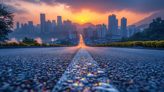 A long road leading towards a city skyline at sunset. photo