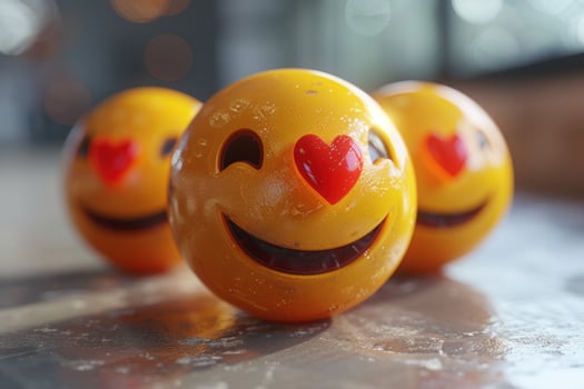 Three yellow smiley faces with red hearts for eyes, one with a wink, on a rustic wooden surface. photo