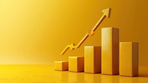A golden arrow pointing upwards on a bar graph with a yellow background. photo