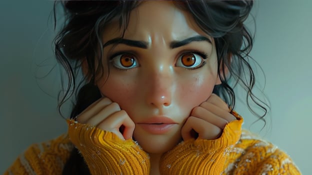 A young woman with brown eyes and dark hair looks worried, holding her face with her hands. photo