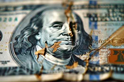 A ripped one hundred dollar bill with a fallen leaf covering Benjamin Franklin's face. photo