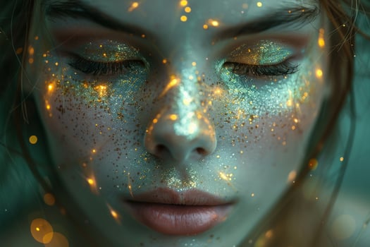 Closeup portrait of a young woman with golden glitter on her face, eyes closed. photo