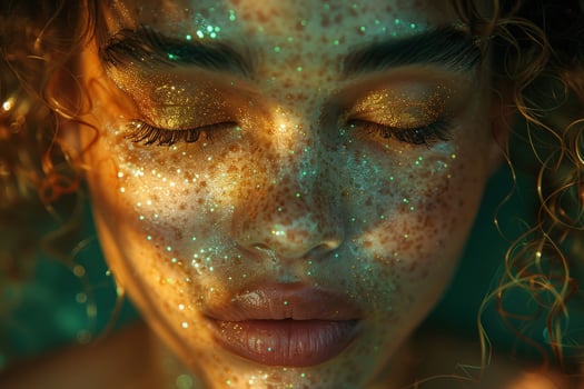 A closeup of a woman's face covered in glitter, with her eyes closed and a soft smile. photo