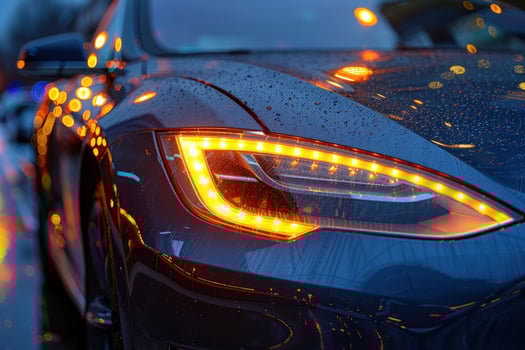 Closeup of a car's headlight with raindrops on the hood. photo