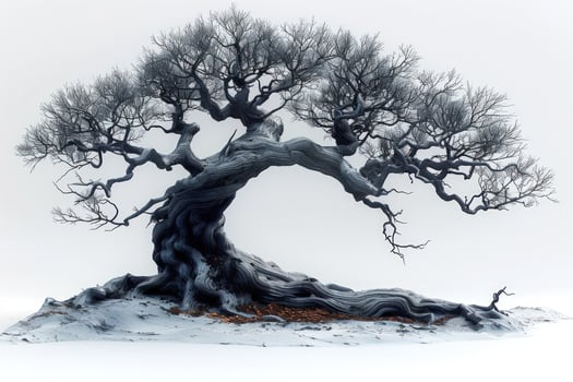 A gnarled, ancient tree with twisted branches stands alone against a white background, symbolizing resilience and longevity. photo