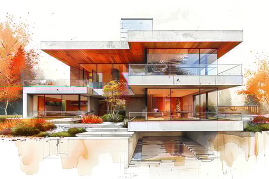 Watercolor illustration of a modern home with large windows, a balcony, and a landscaped yard. photo