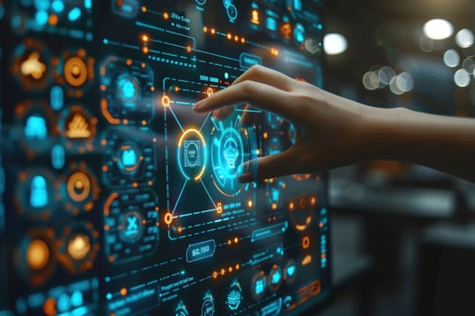 A hand interacting with a futuristic digital interface, showcasing data and icons. photo
