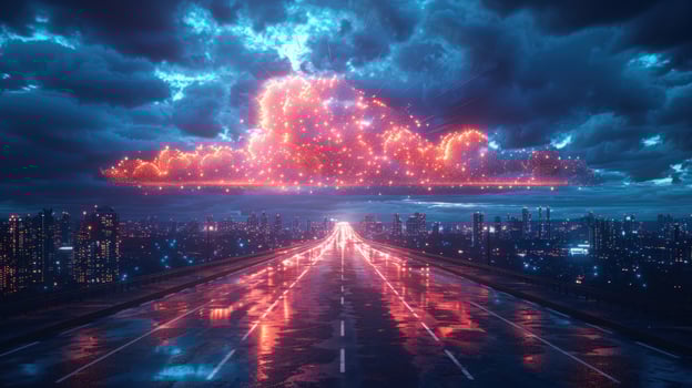 A futuristic city with a glowing cloud above a road. photo