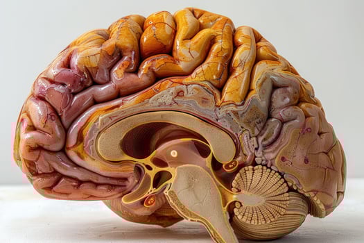 A detailed anatomical model of the human brain, showing the intricate structure of the cerebrum, cerebellum, and brainstem. photo