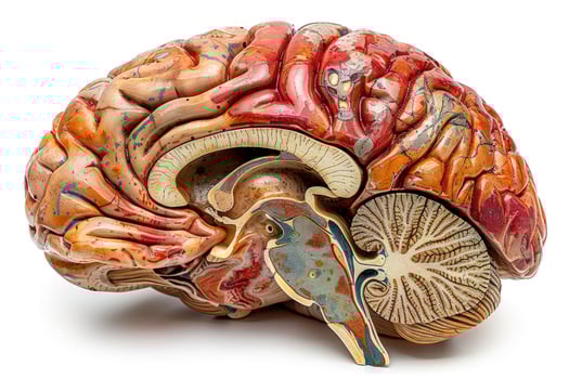 A vintage anatomical model of the human brain with colorful details, isolated on a white background. photo