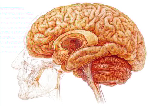 Detailed illustration of the human brain in profile, showing the cerebrum, cerebellum, and brainstem. photo