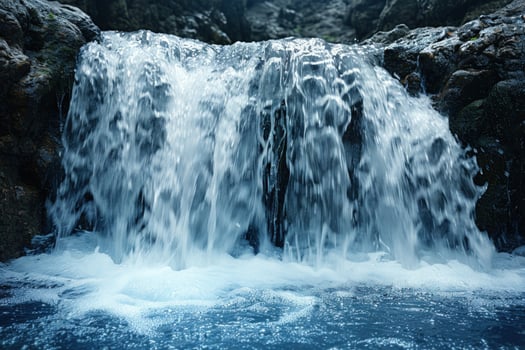 A small waterfall cascades over mosscovered rocks, creating a tranquil and refreshing scene. photo