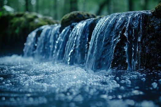 Closeup of a small waterfall cascading over mossy rocks. photo
