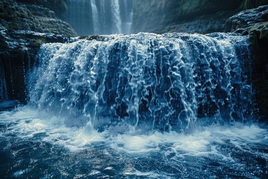 Closeup of cascading water over mossy rocks in a waterfall. photo