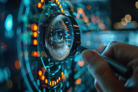 A hand holding a magnifying glass over a digital eye, symbolizing the concept of digital surveillance or data analysis. photo