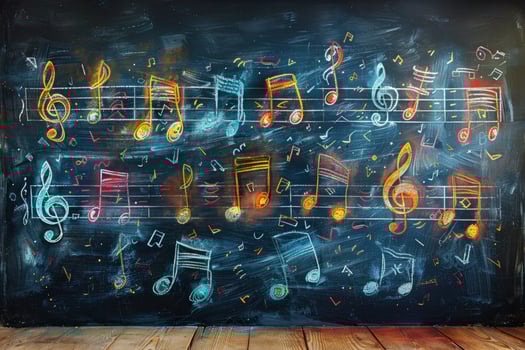 Colorful music notes drawn on a chalkboard with a wooden floor in front. photo