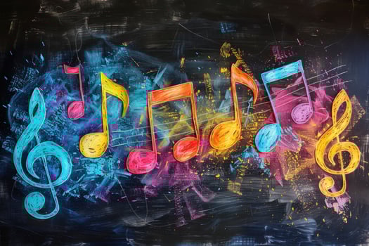 Colorful music notes drawn on a black chalkboard. photo