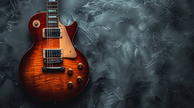 A red electric guitar with a sunburst finish, lying flat on a grey textured background, with copy space to the right. photo