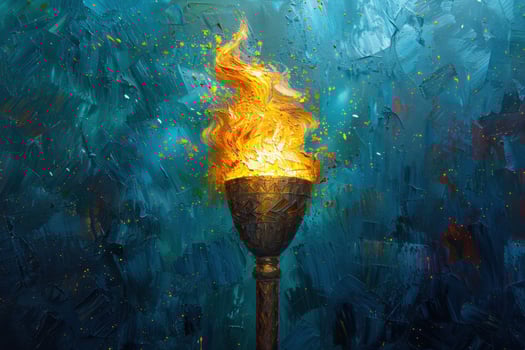 A golden torch with a bright flame burning against a blue textured background. photo