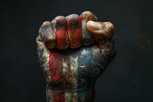 A clenched fist painted with the American flag, symbolizing strength and patriotism. photo