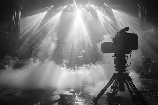A professional camera captures a band performing on stage in a smoky, dimly lit venue. photo