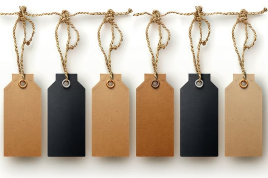 Six blank brown and black paper tags on a string isolated on white background. photo