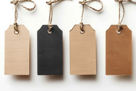 Four blank brown and black paper tags with twine on a white background. photo