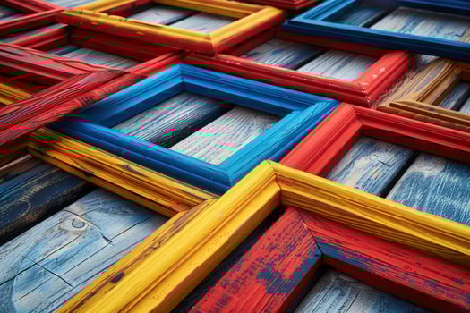 Colorful wooden picture frames arranged in a grid pattern. photo