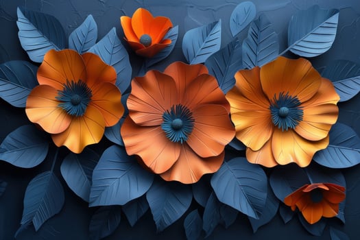 A vibrant bouquet of paper flowers and leaves in shades of orange and blue against a dark background. photo