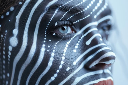 Close up of a woman's face with tribal makeup, looking away from the camera. photo