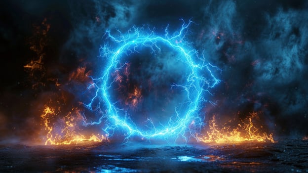 A glowing blue circle of electrical energy surrounded by flames and smoke. photo