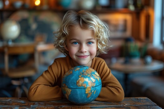 A young girl with blonde curls smiles while holding a globe in her arms. photo