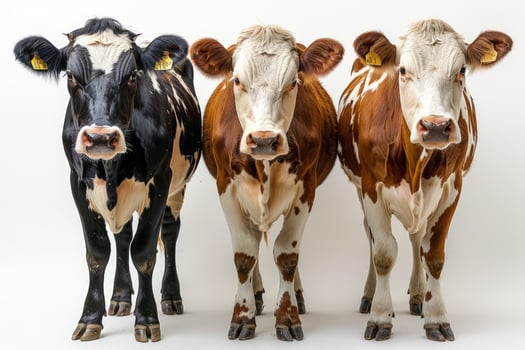Three cows of different colors stand in a row facing the camera on a white background. photo