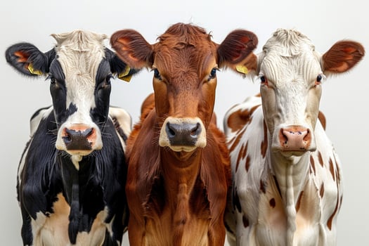 Three cows of different breeds stand side by side and look directly at the camera. photo
