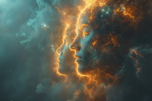 Two faces formed by cosmic dust and light, resembling a nebula in space. photo