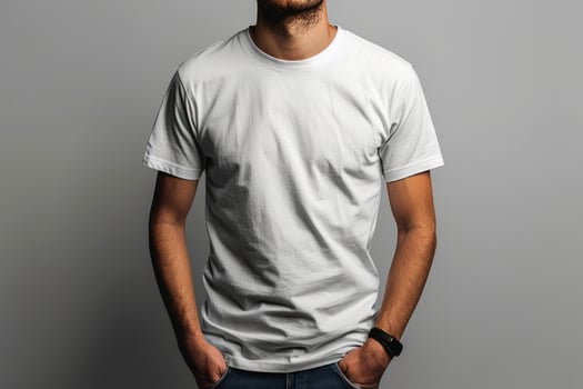 A man wearing a blank white tshirt, standing in front of a gray background. photo