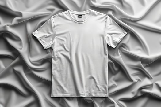 A blank white tshirt lies on a smooth, wrinkled, white fabric surface. photo