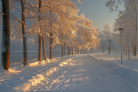 A snowy path lined with trees, illuminated by the morning sun. photo
