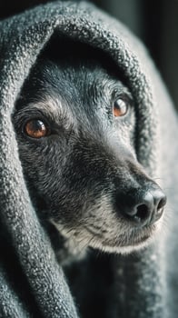 Dog Wrapped in a Cozy Blanket With Expressive Eyes Looking Curiously at the Camera. photo