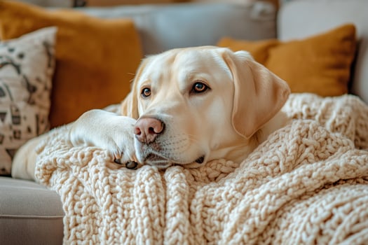 Relaxing Dog Resting on Cozy Blanket in a Warm Living Room During the Afternoon photo