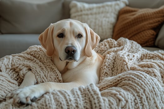 Relaxing Dog Resting on Cozy Blanket in a Warm Living Room During the Afternoon. photo